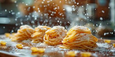 ai generiert klassisch Pasta auf Küche Hintergrund. Diät und Essen Konzept. foto