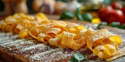 ai generiert klassisch Pasta auf Küche Hintergrund. Diät und Essen Konzept. foto