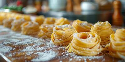 ai generiert klassisch Pasta auf Küche Hintergrund. Diät und Essen Konzept. foto