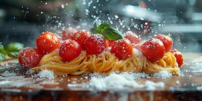 ai generiert klassisch Pasta auf Küche Hintergrund. Diät und Essen Konzept. foto