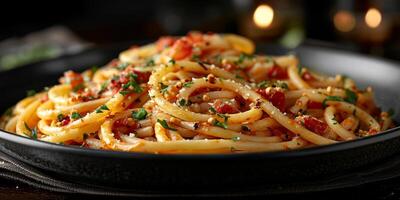 ai generiert klassisch Pasta auf Küche Hintergrund. Diät und Essen Konzept. foto