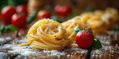 ai generiert klassisch Pasta auf Küche Hintergrund. Diät und Essen Konzept. foto