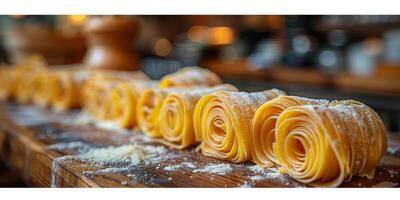 ai generiert klassisch Pasta auf Küche Hintergrund. Diät und Essen Konzept. foto