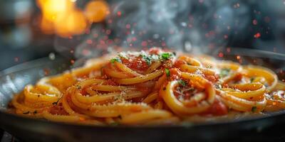 ai generiert klassisch Pasta auf Küche Hintergrund. Diät und Essen Konzept. foto