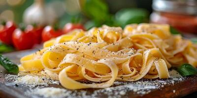 ai generiert klassisch Pasta auf Küche Hintergrund. Diät und Essen Konzept. foto