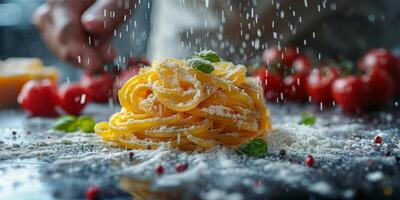 ai generiert klassisch Pasta auf Küche Hintergrund. Diät und Essen Konzept. foto