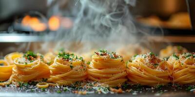 ai generiert klassisch Pasta auf Küche Hintergrund. Diät und Essen Konzept. foto