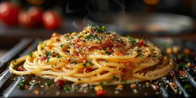 ai generiert klassisch Pasta auf Küche Hintergrund. Diät und Essen Konzept. foto