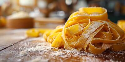 ai generiert klassisch Pasta auf Küche Hintergrund. Diät und Essen Konzept. foto