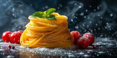 ai generiert klassisch Pasta auf Küche Hintergrund. Diät und Essen Konzept. foto