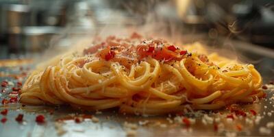 ai generiert klassisch Pasta auf Küche Hintergrund. Diät und Essen Konzept. foto