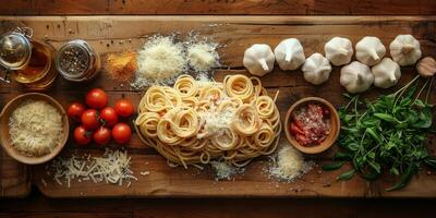 ai generiert klassisch Pasta auf Küche Hintergrund. Diät und Essen Konzept. foto