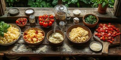 ai generiert klassisch Pasta auf Küche Hintergrund. Diät und Essen Konzept. foto