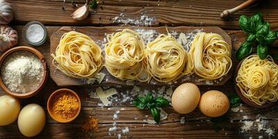 ai generiert klassisch Pasta auf Küche Hintergrund. Diät und Essen Konzept. foto