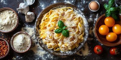 ai generiert klassisch Pasta auf Küche Hintergrund. Diät und Essen Konzept. foto