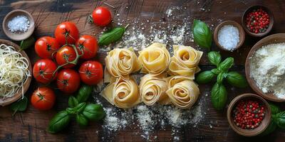 ai generiert klassisch Pasta auf Küche Hintergrund. Diät und Essen Konzept. foto