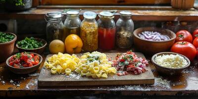 ai generiert klassisch Pasta auf Küche Hintergrund. Diät und Essen Konzept. foto