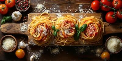 ai generiert klassisch Pasta auf Küche Hintergrund. Diät und Essen Konzept. foto