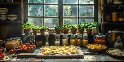 ai generiert klassisch Pasta auf Küche Hintergrund. Diät und Essen Konzept. foto