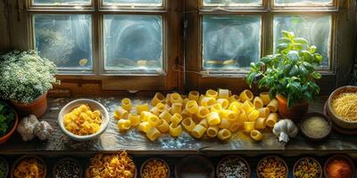 ai generiert klassisch Pasta auf Küche Hintergrund. Diät und Essen Konzept. foto