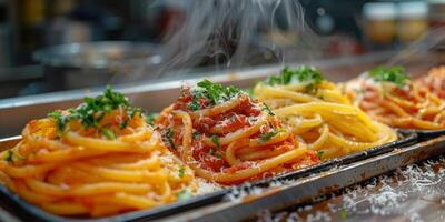 ai generiert klassisch Pasta auf Küche Hintergrund. Diät und Essen Konzept. foto