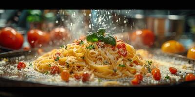 ai generiert klassisch Pasta auf Küche Hintergrund. Diät und Essen Konzept. foto