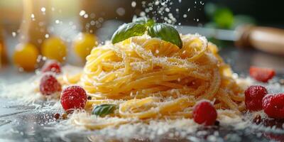 ai generiert klassisch Pasta auf Küche Hintergrund. Diät und Essen Konzept. foto