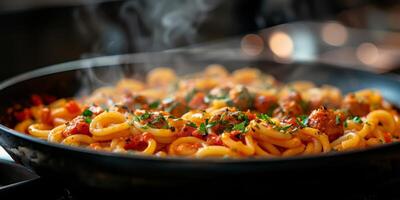 ai generiert klassisch Pasta auf Küche Hintergrund. Diät und Essen Konzept. foto