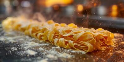 ai generiert klassisch Pasta auf Küche Hintergrund. Diät und Essen Konzept. foto