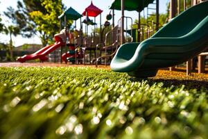 ai generiert beschwingt Spielplatz rutschen und künstlich Gras foto