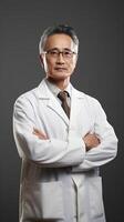 ai generiert Porträt von asiatisch männlich Vertraute Wissenschaftler im Weiß Mantel Stehen mit Waffen gekreuzt foto