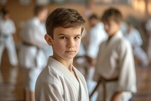 ai generiert Porträt von Junge im traditionell Kleider Ausbildung erfahren Karate Kämpfer Verein kriegerisch Kunst im das Ausbildung Zimmer mit das Teilnehmer im das Hintergrund foto