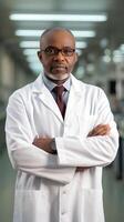 ai generiert Porträt von afrikanisch amerikanisch männlich Vertraute Wissenschaftler im Weiß Mantel Stehen mit Waffen gekreuzt. foto