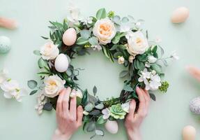 ai generiert Frau basteln ein Frühlingsthema Blumen- Kranz mit Ostern Dekorationen foto