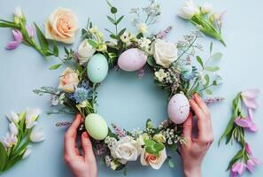 ai generiert Frau basteln ein Frühlingsthema Blumen- Kranz mit Ostern Dekorationen foto