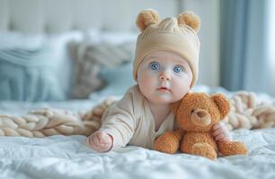 ai generiert lächelnd Baby mit Blau Augen Nächster zu ein braun Teddy Bär auf ein Sanft Bett foto