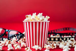 ai generiert Popcorn Eimer mit Sonnenbrille auf ein hell rot Hintergrund vorschlagen ein Film Thema foto