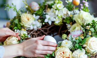 ai generiert Frau basteln ein Frühlingsthema Blumen- Kranz mit Ostern Dekorationen foto