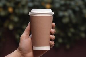 ai generiert Hand halten Kaffee Tasse auf verschwommen draussen Hintergrund foto
