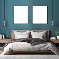 ai generiert leeren Foto Frames Attrappe, Lehrmodell, Simulation auf das Mauer im modern minimalistisch Schlafzimmer