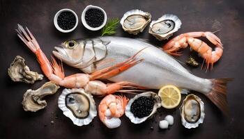 ai generiert frisch Fisch mit Kaviar, Garnele und Austern. auf rustikal Hintergrund foto