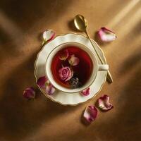 ai generiert schwarz Tee im ein Keramik Tasse mit Rose Blütenblätter Über ein braun Textur Hintergrund foto
