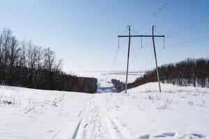 elektrisch Getriebe Linie. das Drähte von das Hochspannung Turm Stand im das Winter Wald. foto