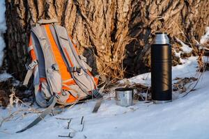Halt im Winter unter ein Baum. Frühstück im das Wald. ein Rucksack mit ein Thermosflasche steht auf das Schnee. Camping Ausrüstung. heiß Thermal- Tee auf ein Wanderung. foto