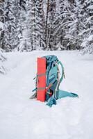 ein hell Wandern Rucksack Lügen auf das Schnee. ein Klettern Seil ist gebunden zu ein Rucksack. im das Seite Tasche von das Thermosflasche. Wandern im Winter. Felsen und Wälder foto