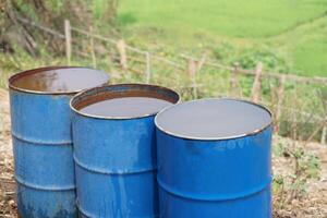 Blau Eimer enthalten Wasser im Garten. Konzept, lösen Probleme fehlt von Wasser im Landwirtschaft durch bereiten Wasser zum Bewässerung Pflanzen im Dürre Jahreszeit. foto