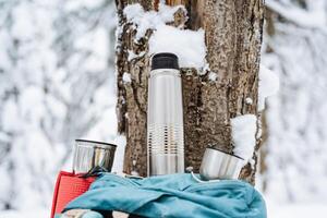 ein Thermosflasche und zwei Tassen sind Schuss Nahansicht. das Konzept von ein heiß trinken im Natur. Metall Kochgeschirr zum wandern. Mittagessen im das Wald. foto