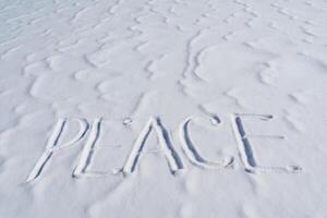 das Wort Frieden ist geschrieben im das Schnee. Briefe Berufung zum das Vereinigung von Länder um das Welt. das Konzept von friedlich Koexistenz von das Bevölkerung. Text zu schreiben im das Schnee. foto