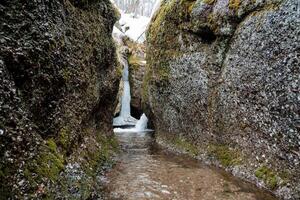 ein eng Schlucht von Wasserfälle, ein Berg Strom fließt unter das Felsen, Frühling schmilzt Schnee, Wasser läuft unter Ihre Füße, ein Landschaft von grau Wände von Stein, ein wild Wald. foto