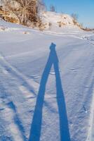 das Schatten von ein Person ist angezeigt auf das Schnee. das Landschaft, das Gliederung von ein Person steht auf zwei Beine. foto